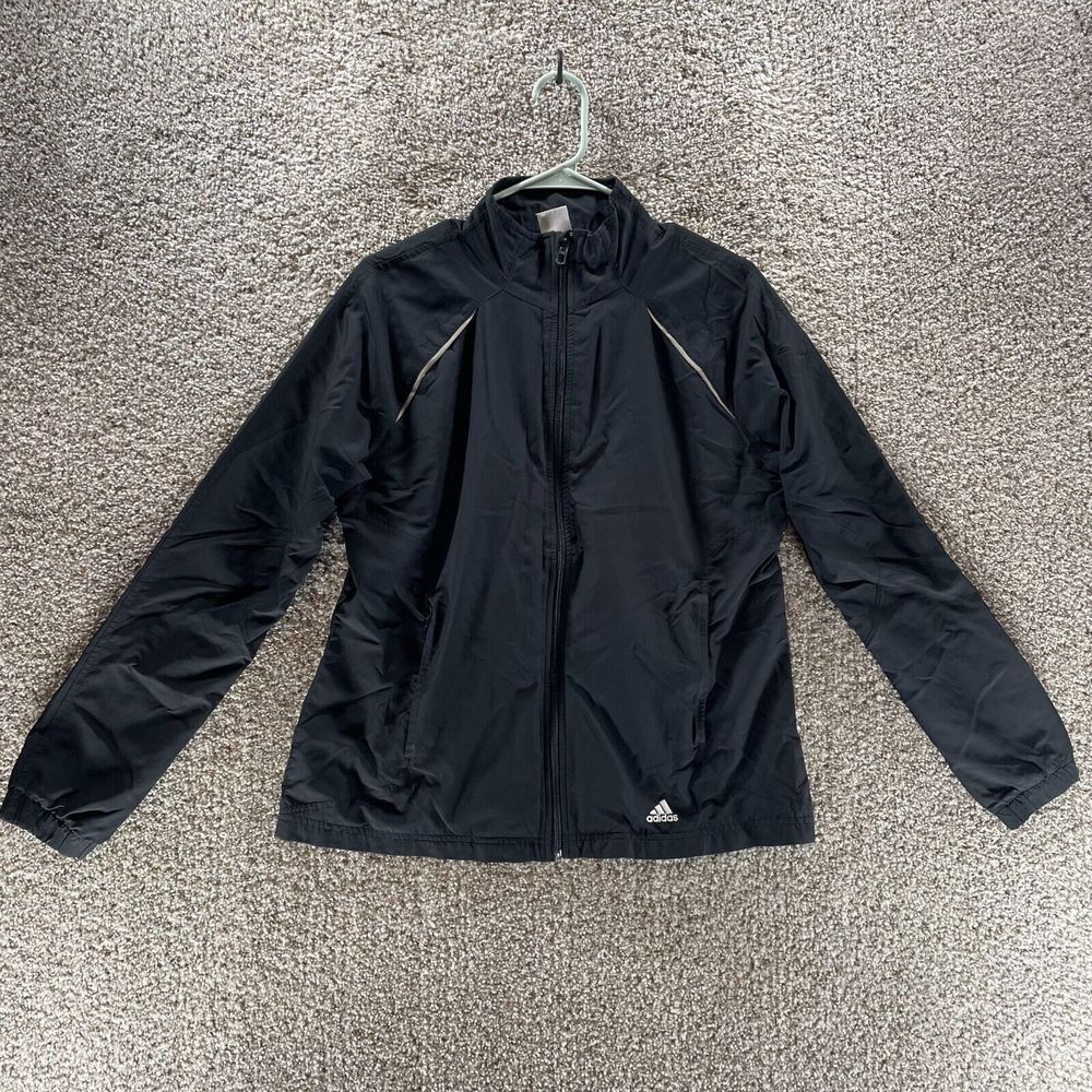 Adidas Jacket Womens Large Black Vented Windbreaker Full Zip Outdoor Logo Ladies